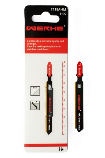 WERHE® Stichsägeblatt T118AHM für Metall Schnitte – für präzises Schneiden von dünne Blechen (1,6-3,2mm) – Metallsägeblatt für Stichsäge mit T Schaft Aufnahme – Zubehör Stichsäge